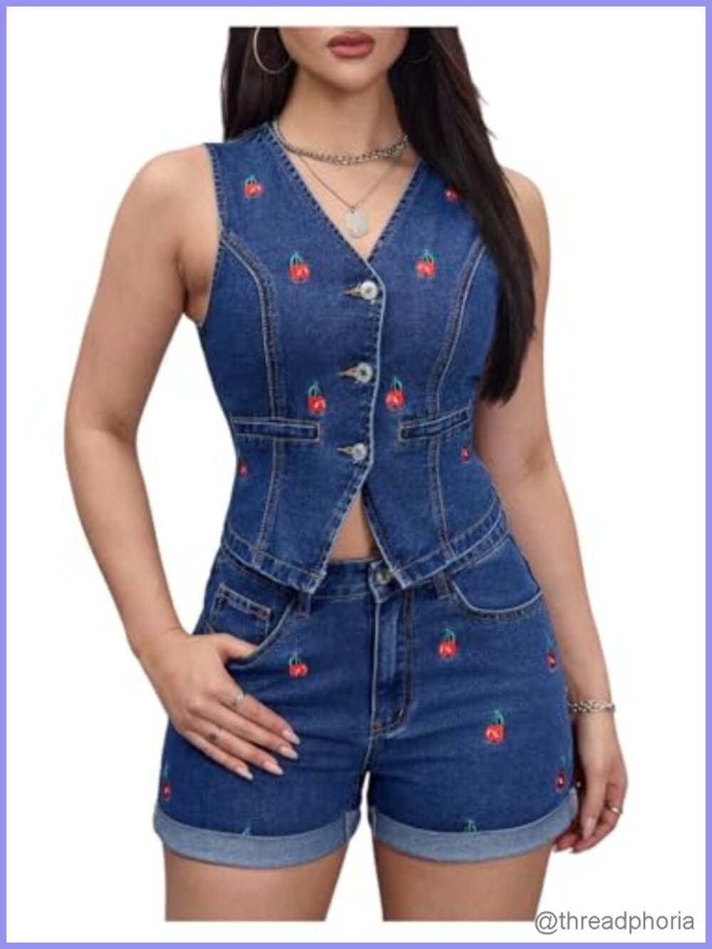 Sleeveless Denim Vest with Cherry Embroidery Button Down V Neck Fitted Y2K